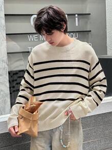 DAZY Áo len dệt kim sọc nhiều màu thường ngày cho nam, Thu/Đông - Đen và trắng - Xem 10