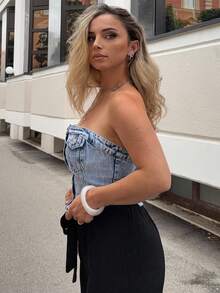 Jeta Ari 毛邊前紐扣抹胸牛仔上衣 - 淺色水洗藍 - 查看 6