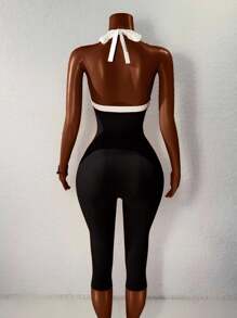 BamGleam 女式撞色露背吊带连体裤 - 黑與白 - 查看 5