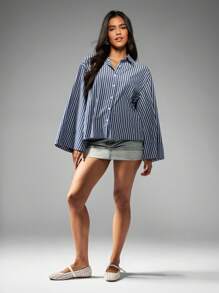 MISSGUIDED Oversized Button Down Collar Shirt Wide Cuff Striped Long Sleeve Office Wear Professional Business Casual Spring Fall Fashion Top Classic Navy White Stripe Pattern