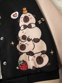 Tween Girl Casual Street Chic College Style Cute Cartoon Animal Print Contrast Raglan Sleeve Baseball Jacket, Autumn Fall Winter