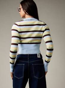 MISSGUIDED Y2K Style Button Front Cropped Cardigan Ribbed Knit Sweater Retro Striped Pattern Long Sleeve Fall Winter Casual Knitwear - Multicolor - View 2