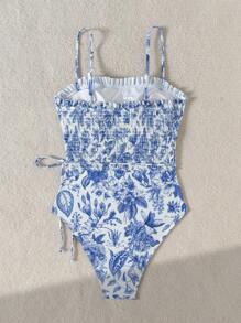 Swim Vcay Bộ đồ bơi liền thân hở lưng in họa tiết màu xanh và trắng ngẫu nhiên dành cho nữ, dây đeo có thể điều chỉnh, đa năng cho trang phục đi biển, ngày lễ và thường ngày - Màu xanh lam - Xem 6