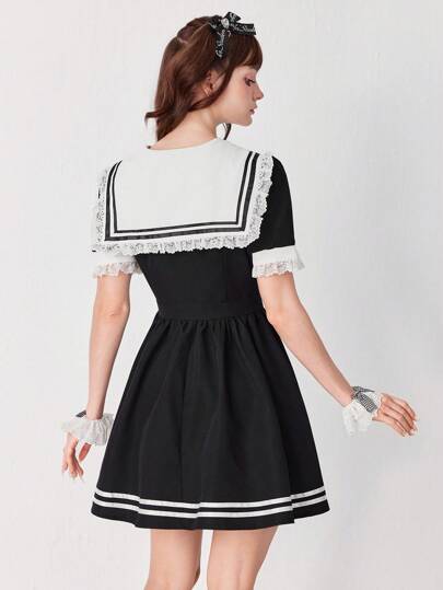 J-Fashion Vestido mini de mujer con rayas y cuello azul marino, estilo Dark Academia con volantes en el bajo, femenino