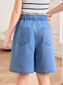 SHEIN Tween Girl Spring Summer Basic Casual Light Washed High Waisted Loose Fit Ruffle Waist Drawstring Denim Long Shorts With Bowknot And Rolled Hem Pockets, Girls Summer Beach Boho Vacation Comfortable Shorts, Summer Rave Concert Festival College Style , Tween Girl Short Jean Pants Tween Girl Casual Shorts Long Summer Shorts For Girls Denim Shorts - Dark Wash - View 2