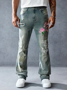 ROMWE MEN Street Life Jeans a zampa con stampa floreale e slogan, con tasche, effetto vissuto per uomo