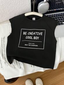 SHEIN 小男孩舒适字母拼接休闲背心，适合户外活动、学校、居家休闲和专业运动 - 黑色 - 查看 3