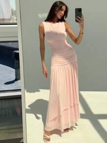 Aloruh Women's Plain Round Neck Ruched Hem Sleeveless Casual Dress, Summer