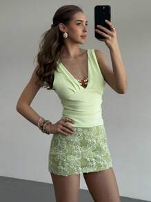 Aloruh 带衬里的纹理绿色迷你裙，性感年轻女性度假装，春夏 - 綠色 - 查看 4