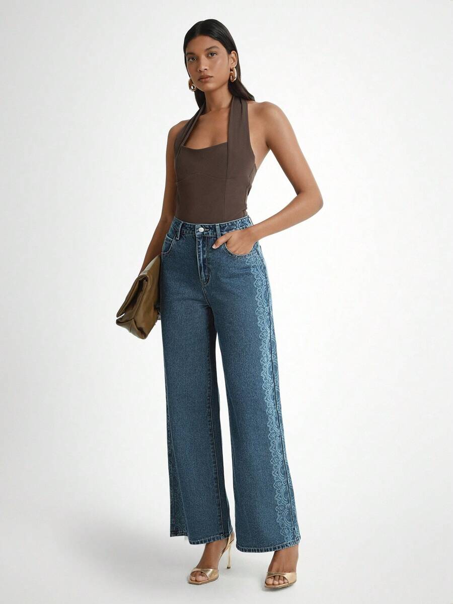 Daynim 女式花卉印花口袋阔腿休闲牛仔裤