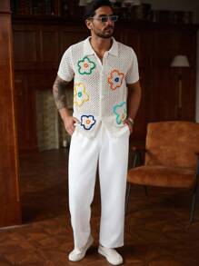 Manfinity Homme Áo thun nam tay ngắn cài nút họa tiết hoa phía trước - trắng - Xem 4