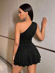 VaVaBold Enterizo ajustado para mujer con ribetes de volantes en un hombro - Negro - Ver 2