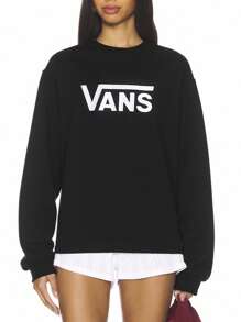 Vans Tricou sport cu mânecă lungă, negru, la modă, cu guler rotund și imprimeu cu litere - Negru - Vizualizare 1