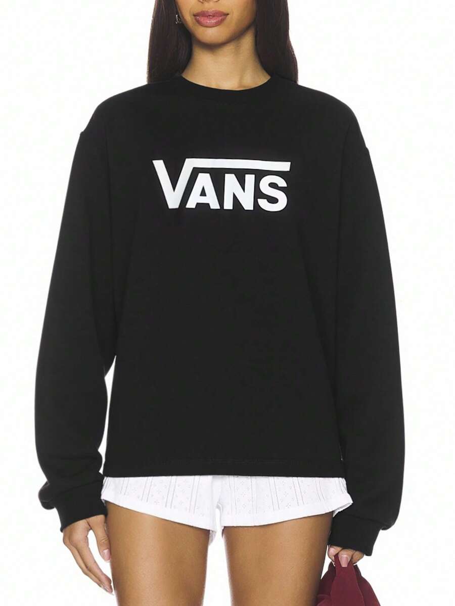 Vans Tricou sport cu mânecă lungă, negru, la modă, cu guler rotund și imprimeu cu litere - Negru - Vizualizare 1