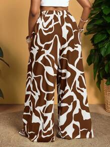 Slaydiva Plus Size Fashion Casual All-Over Print Drawstring Waist Loose Pants,Fall Clothes For Women - Brown - View 3