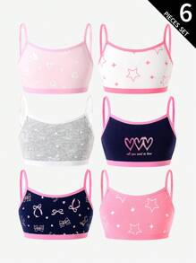 6 件套青少年女孩豹纹、心形、蝴蝶结、星星棉质吊带背心上衣女童背心多件装返校时尚 - 彩色 - 查看 6