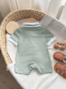 新生儿男/女宝宝绿色纹理柔软舒适提花面料撞色针织柔软polo领短袖半拉链连体短裤，适合度假、居家和外出穿着。 - 薄荷綠 - 查看 2