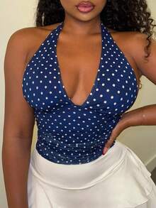 Alexandranx 女士露背挂脖印花修身休闲背心 - 藏蓝色 - 查看 3