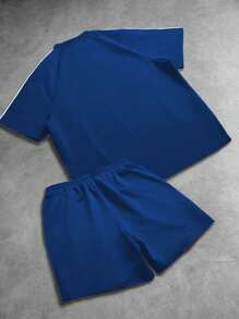 PAVTROS 男士字母印花圆领短袖休闲T恤和抽绳腰短裤运动套装男两件套男运动套装篮球服运动服训练服 - 藍色 - 查看 2