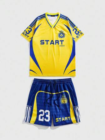 Prep Men's Letter Print V-Neck Short Sleeve T-Shirt And Shorts Casual Sportswear Set