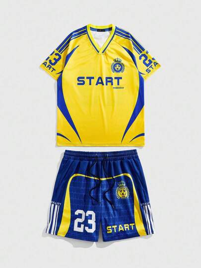 Prep Herren Set aus V-Ausschnitt Kurzarm T-Shirt mit Buchstaben-Muster und Shorts, lässige Sportbekleidung