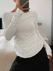 DAZY Women's Solid Color Contrast Lace Slim Fit White Long Sleeve Elegant Base Layer Top, Autumn/Winter