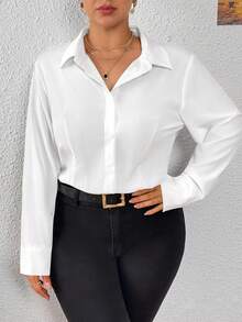 SHEIN PETITE CURVE 女士大码休闲商务纯色长袖连体衣，百搭，适合秋季、冬季穿着。白色衬衫，女士白色衬衫，大码白色衬衫，白色纽扣衬衫，女士连衣裙衬衫，春季女装，情人节女装，派对、婚礼及活动，女士休闲装，女士正装，日常穿着，通勤，上学，毕业典礼，白色衬衫领长袖女士连体衣 - 白色 - 查看 4