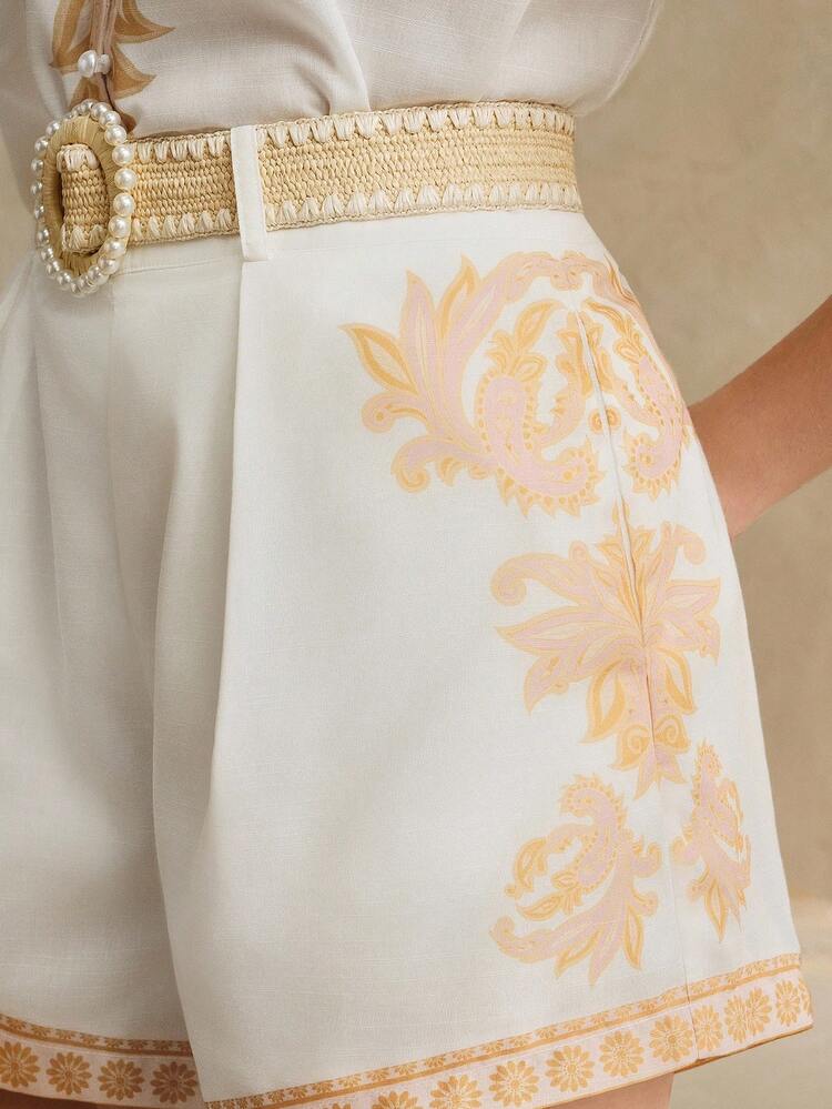 Short femme imprimé numérique avec ceinture, bas polyvalents pour les déplacements, les loisirs et les vacances