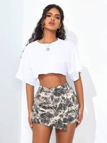 SHEIN PETITE Quần short denim cạp cao in họa tiết toàn thân thời trang mùa hè dành cho nữ - Nhiều màu - Xem 3