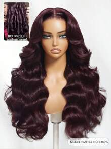 抽绳帽紫色黑樱桃色波浪卷发假发，带脸部层次，13x4 预剪预漂白蕾丝前片，可直接佩戴 - SPurple - 查看 3