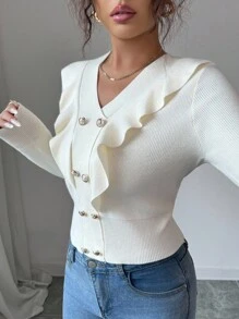 Selianne Women's Elegant Romantic Ruffled V-Neck Double-Breasted Cardigan Sweater Fall Winter Cloth For Women - Apricot - View 5