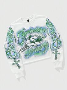 ROMWE MEN Street Life Sudadera con cuello redondo de manga larga con estampado gráfico para hombre, otoño - Blanco - Ver 6