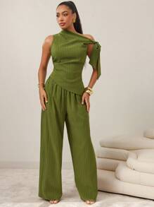 Vixey Stripe Elastic Waistband Wide Leg Pants, Business Casual, Office - Green - View 1