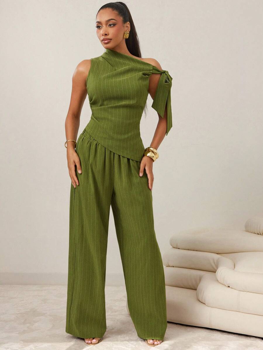 Vixey Stripe Elastic Waistband Wide Leg Pants, Business Casual, Office - Green - View 1