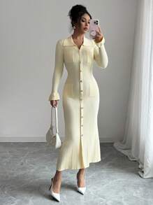 Selianne Elegant Ribbed Cream Yellow Ruffle Trim Collared Single-Breasted Fitted Waist Midi Knit Dress, Autumn/Spring - Yellow - View 2