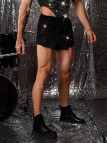 FeverCity 男士夏季时尚水钻装饰磨边牛仔短裤 - 黑色 - 查看 3