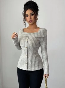 Elenzga Elegant Everyday Turndown Collar Decorative Button Textured Fuzzy Ribbed Women T-Shirt Fall Cloth For Women - Khaki - View 3