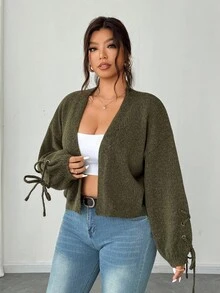 Elenzga 大码女式纯色金属眼针织开衫 - 綠色 - 查看 3