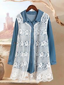 EMERY ROSE معطف نسائي كبير الحجم بدون أكمام مزخرف بالدانتيل، مناسب للخريف والصيف