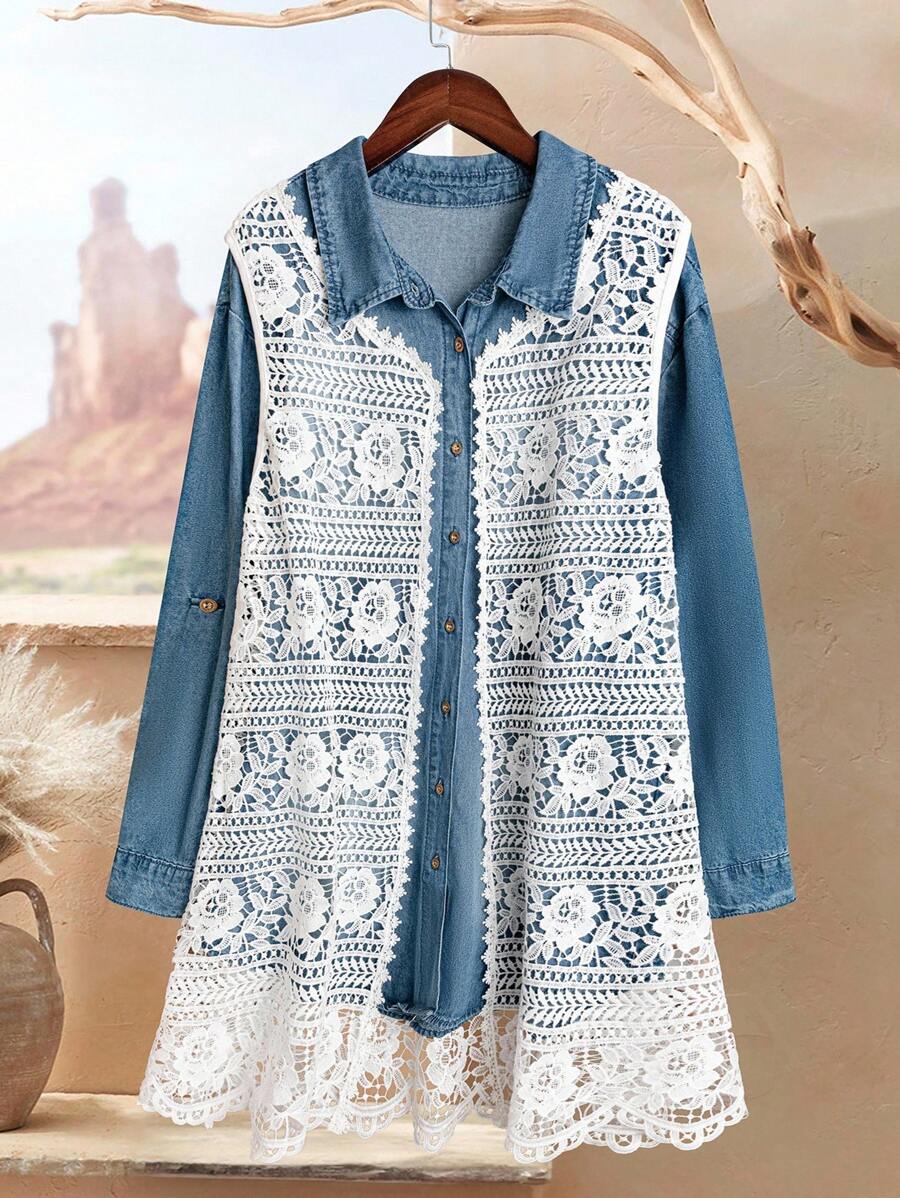 EMERY ROSE معطف نسائي كبير الحجم بدون أكمام مزخرف بالدانتيل، مناسب للخريف والصيف