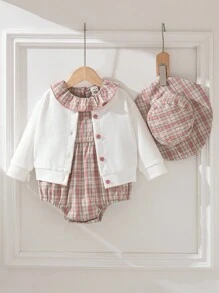 Souflis Souflis 2pcs Baby Girls Casual Retro Cardigan Jacket Long Sleeve Top And Plaid Retro Jumpsuit Set With Hat Baby Girl School Clothes Plaid Plaid Baby Clothes Baby Clothes Set Baby Girl Outfit Set Baby Girl Clothes Plaid Baby Girl Clothes Fall - Multicolor - View 8
