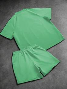 PAVTROS 男士字母印花圆领短袖休闲T恤抽绳腰短裤运动套装男绿色短套装男绿色出装超越短套装两件套短套装男夏季套装