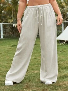 CovetEZ Pantalones de lino sólido con cordón y talla grande para mujeres en verano - Beis - Ver 5