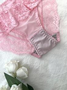 2PCS Sheer-Inspired Pink Bra And Panty Set In Soft Lace Design Panty And Bra Set Lace Lingerie Set Pink Lingerie Set  Kawaii Cute Coquette Babydoll  Cozy And Elegant Details - Pink - View 4