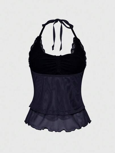Goth Top corto con cuello de corbata, borde asimétrico, encaje de contraste y decoración de cruz de cristal con estilo punk dulce Y2K de verano