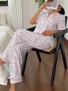 SHEIN 花卉印花翻领短袖睡裤睡衣套装 - 彩色 - 查看 7
