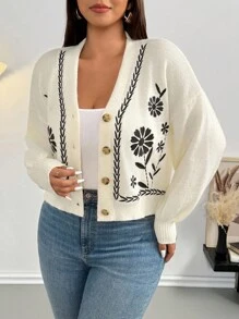 Firerie Plus Size Women Embroidered V-Neck Drop Shoulder Contrast Color Casual Loose Cardigan Autumn Winter Clothes For Women Fall/Winter - Apricot - View 5