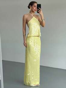 Aloruh Váy Maxi Sequin Chữ H Lưng Thấp Màu Vàng, Lãng Mạn Cho Buổi Hẹn Hò - Màu vàng - Xem 3