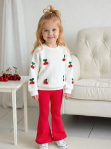 SHEIN 2pcs Set Young Girls Casual Unique Knit Round Neck Top With 3D Cherry Design And Flared Pants, Suitable For Leisure, Cute, Outdoor, Autumn/Winter Fall - Red - View 6
