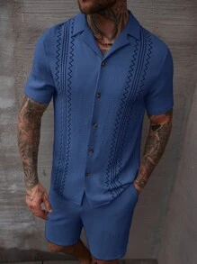 Manfinity Homme Men's Summer Printed Short Sleeve Shirt + Drawstring Shorts Set Men 2 Pieces Outfits Blue Blue Two Pieces Set Men Men Co Ord Set Men Knitted Set Men Crochet Set